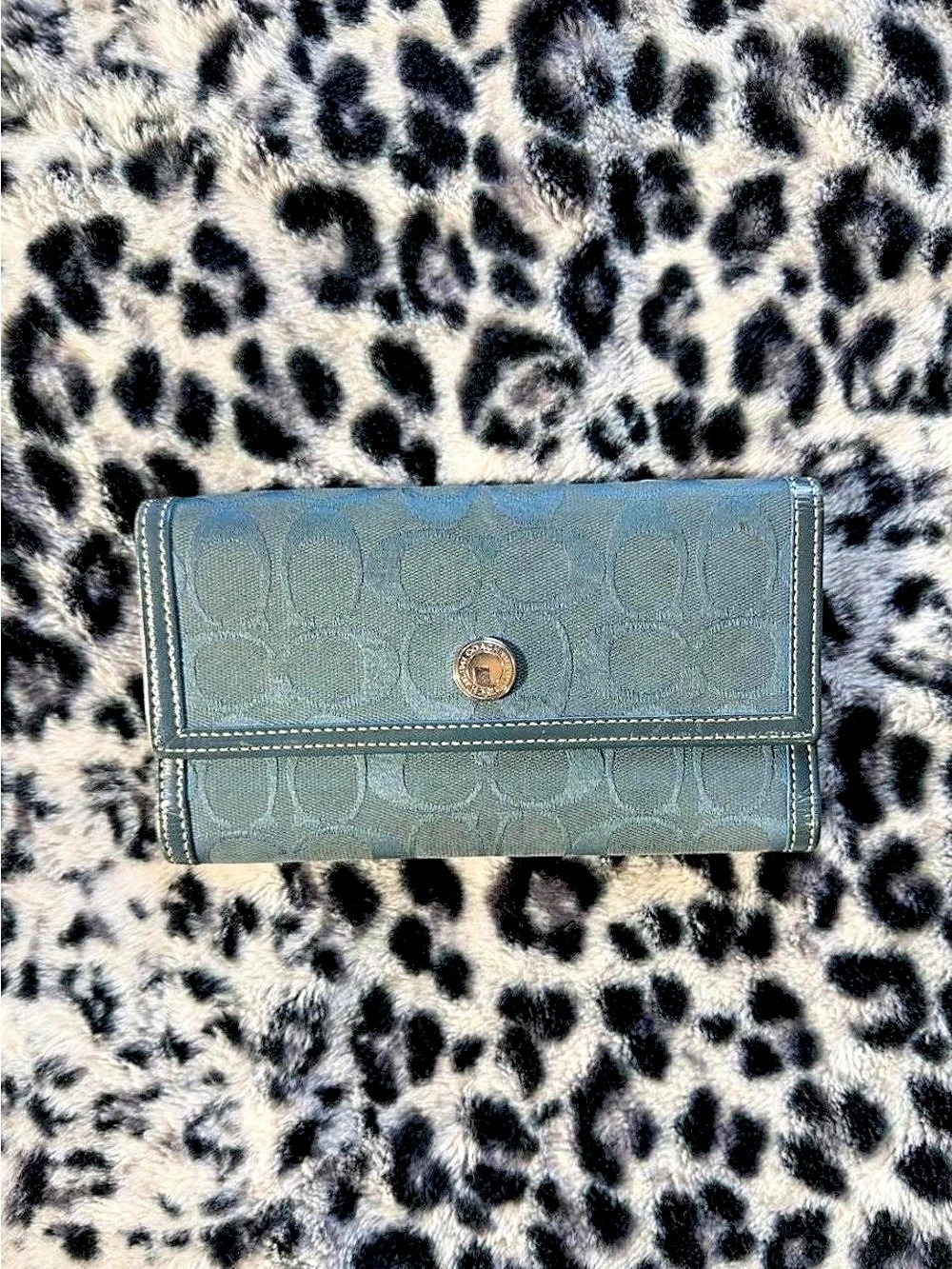 COACH Vintage Y2K Teal Blue Signature C Jacquard Trifold Wallet